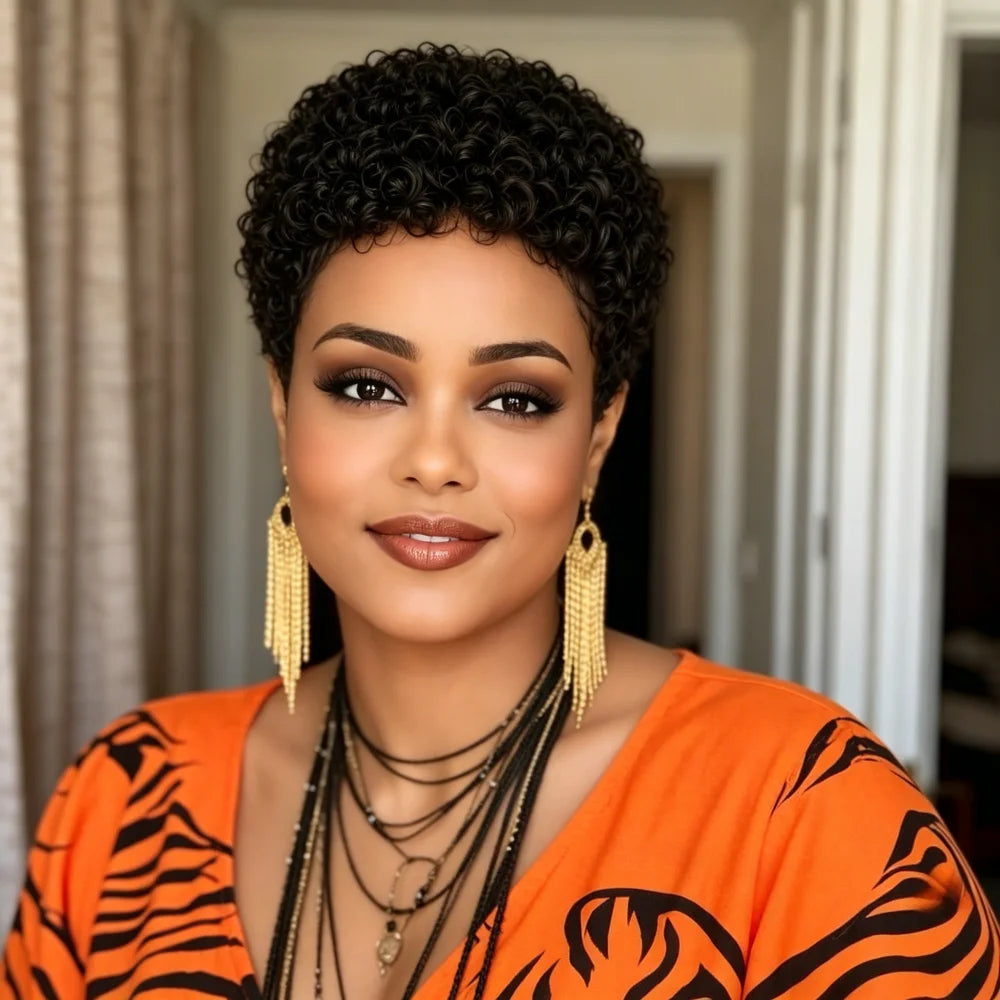 Natural Black Short Curly Human Hair Pixie Wig for Women