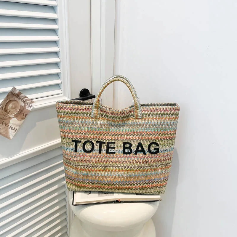 New straw woven bag, large capacity tote bag, crossbody striped letter contrasting beach bag