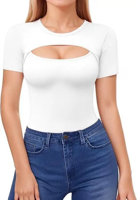 Seductive Tops Intricate Hollow Lacework T-Shirt Figure Hugging RoundNeck Blouse Classic Comfortable SolidColor Shirt