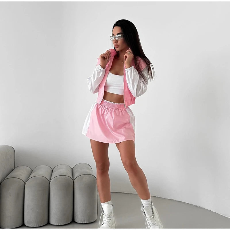 Casual Color Block Long Sleeve Jacket And Mini Skirt Set For Women