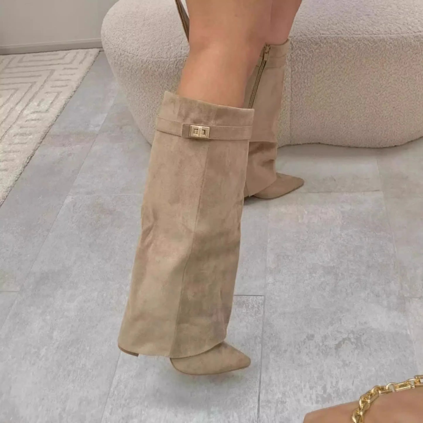 Pointed Toe Thick High Heel Mid Calf Boots for Women