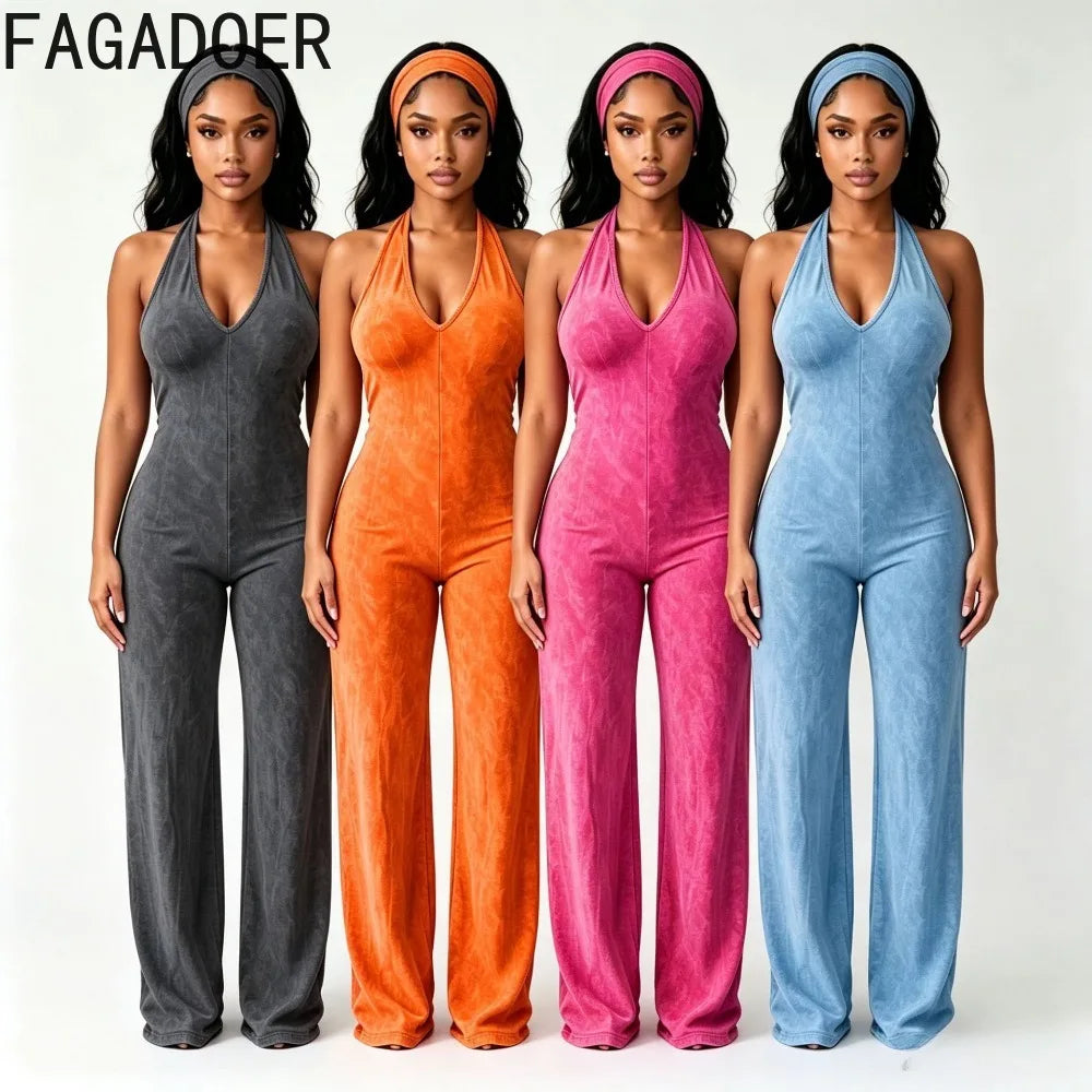 Solid Color Off Shoulder Halter Jumpsuit for Women