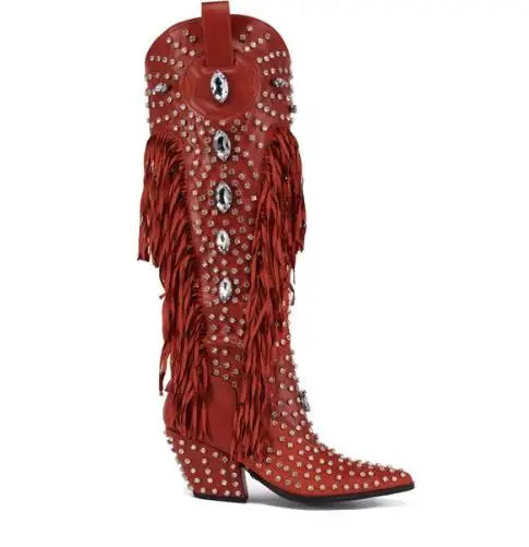 2025 Diamond Fringes Western Boots Women Sparkly Block High Heels Crystal Trim Shoes Ladies Winter Pointed Toe Knee High Boots