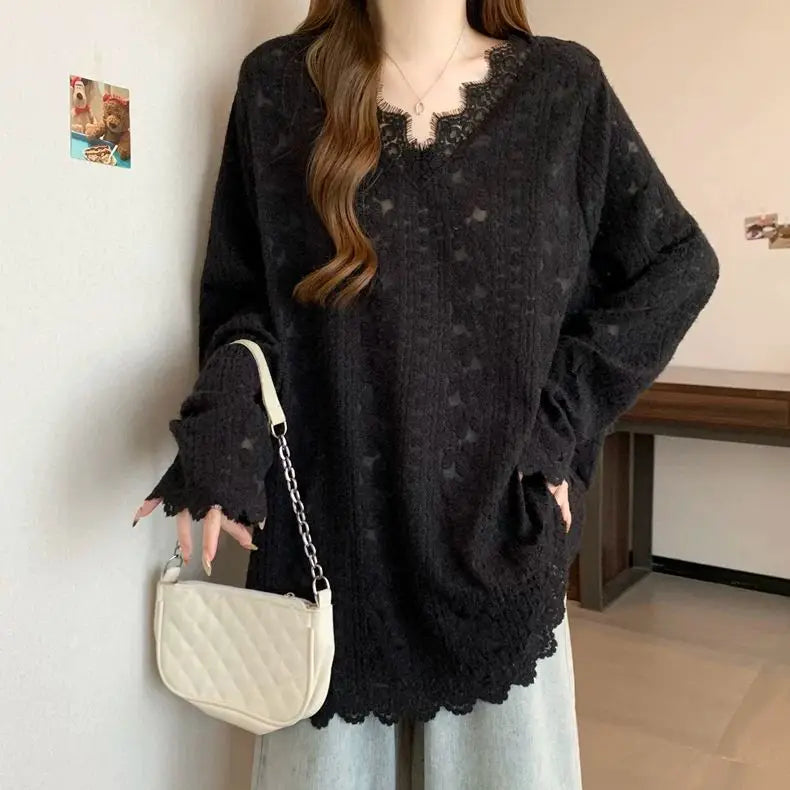 Loose V Neck Lace Patchwork Long Sleeve Tshirt For Women