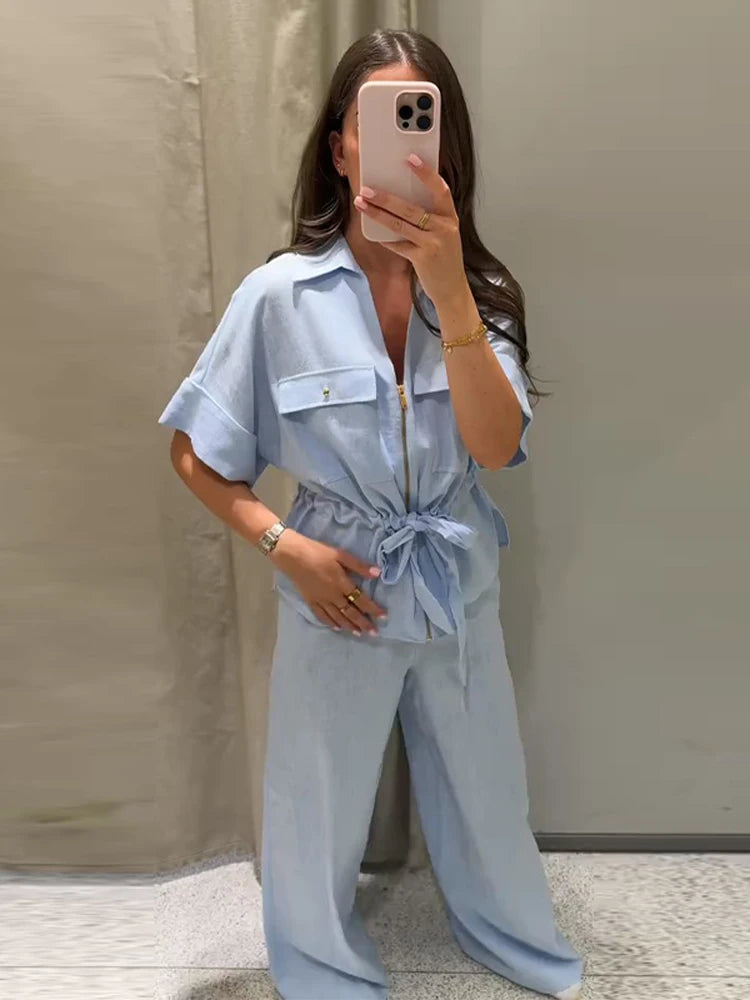 Casual Solid Chic Coat And Wide Leg Trouser Set for Women