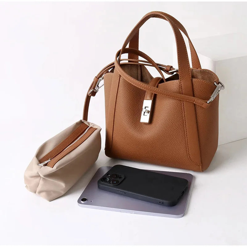 Brand Genuine Leather Basket Bag Women Luxury Fashion Simple Texture Tote Bag New Versatile High-end Shoulder Bag Messenger Bag