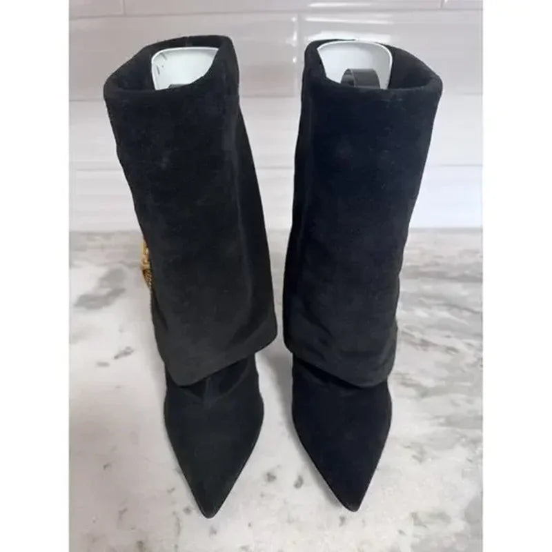 Black Suede Pointed Toe Ankle Boots With Gold Zipper For Women