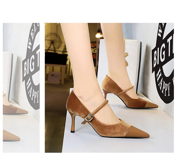 Suede Buckle Strap Pointed Toe Stiletto Pumps for Women
