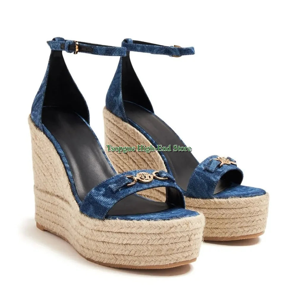 Woven Espadrille Platform Buckle Wedge Sandals for Women