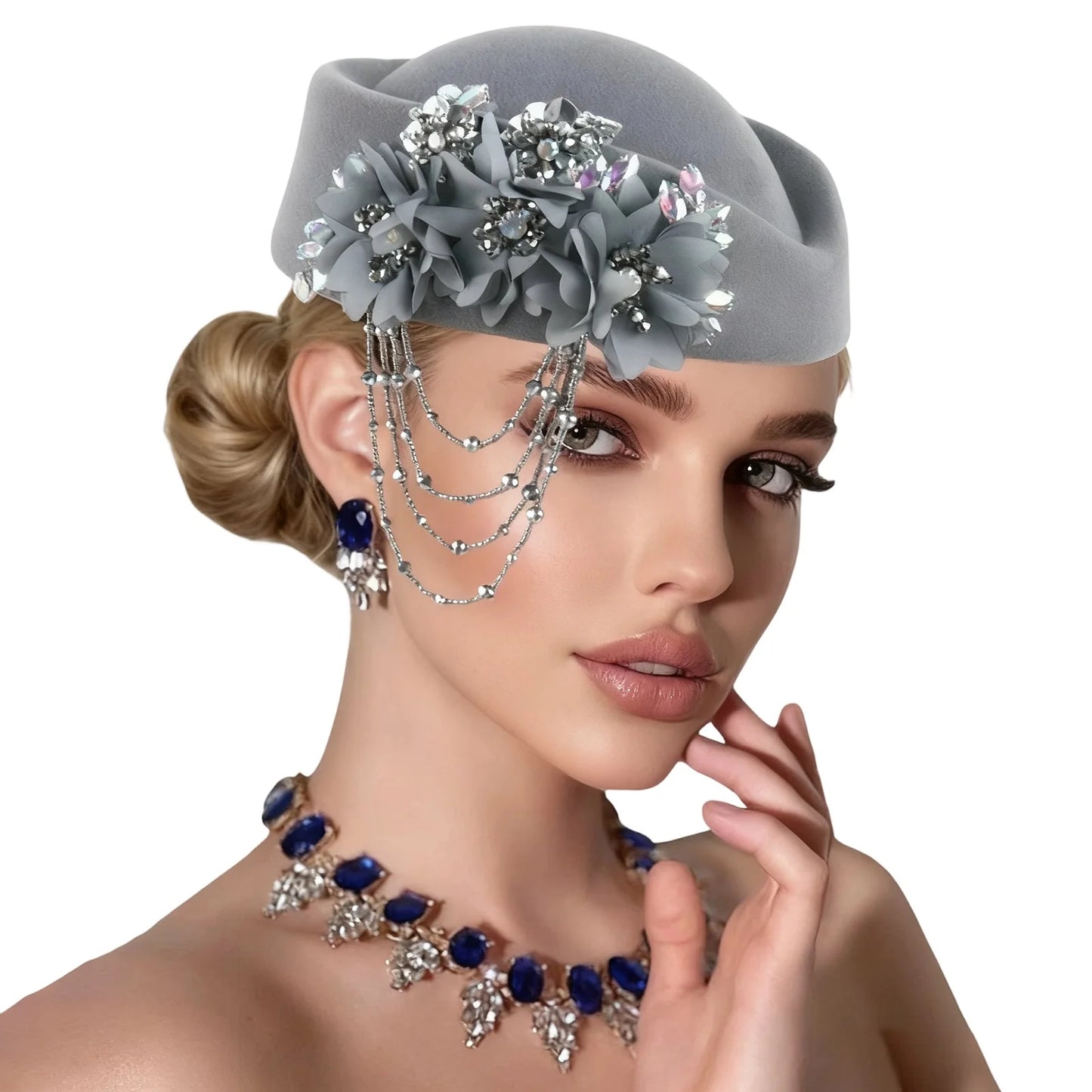 Retro British Beret With Floral Rhinestone Decor For Women