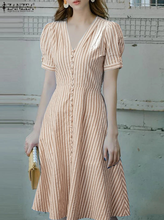 ZANZEA Women Elegant Striped Midi Dresses 2025 Summer Fashion V-Neck Short Puff Sleeve Fitted Waist A-Line Robes Femme Korean
