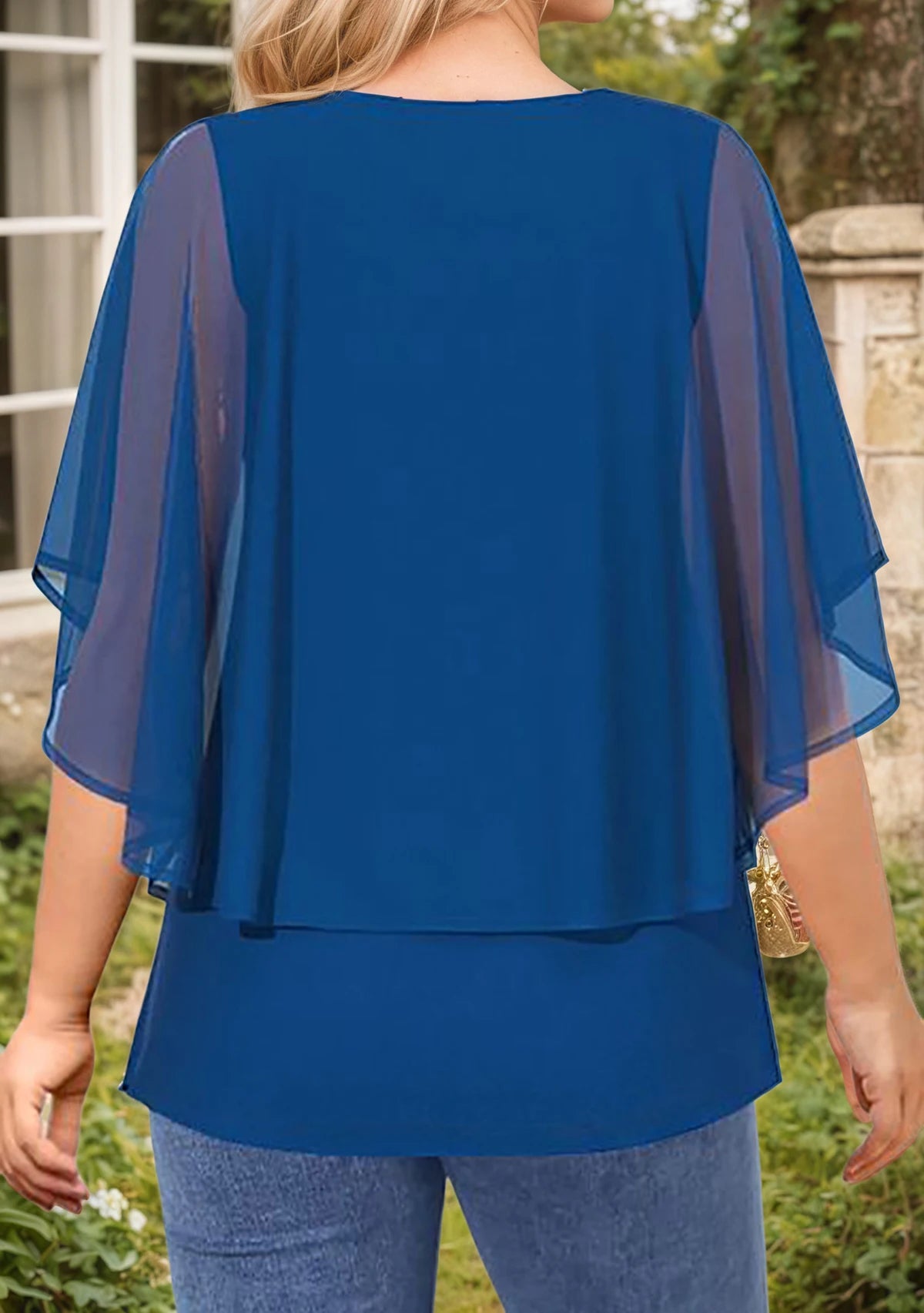 Women’s Plus Size Elegant Blouse Lace Patchwork 3/4 Sleeve Chiffon V-Neck Sequins Printed T-Shirt Double Layer Loose Female Tees