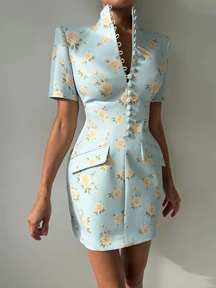 Elegant Printed Short Sleeve Stand Collar Dress for Women