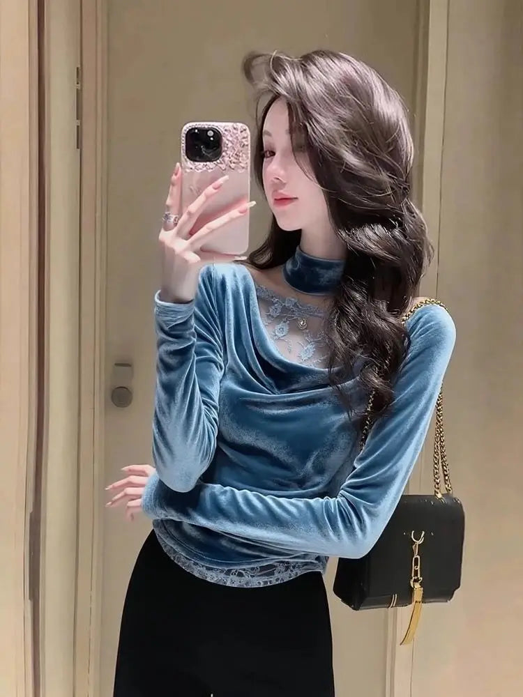 Elegant Blue Velvet Lace Trim Slim Fit Blouse For Women