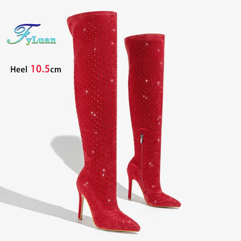 Stylish Suede Over The Knee Rhinestone Pointed Toe High Heel Boots for Women