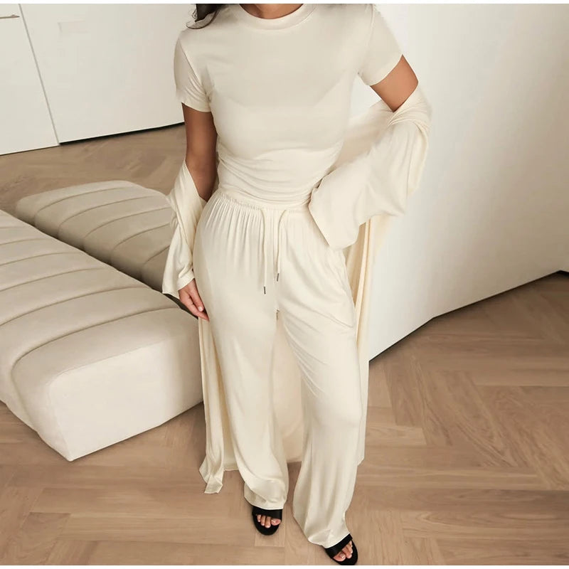 Casual Three Piece Shirt, Coat And Wide Leg Pants Set for Women