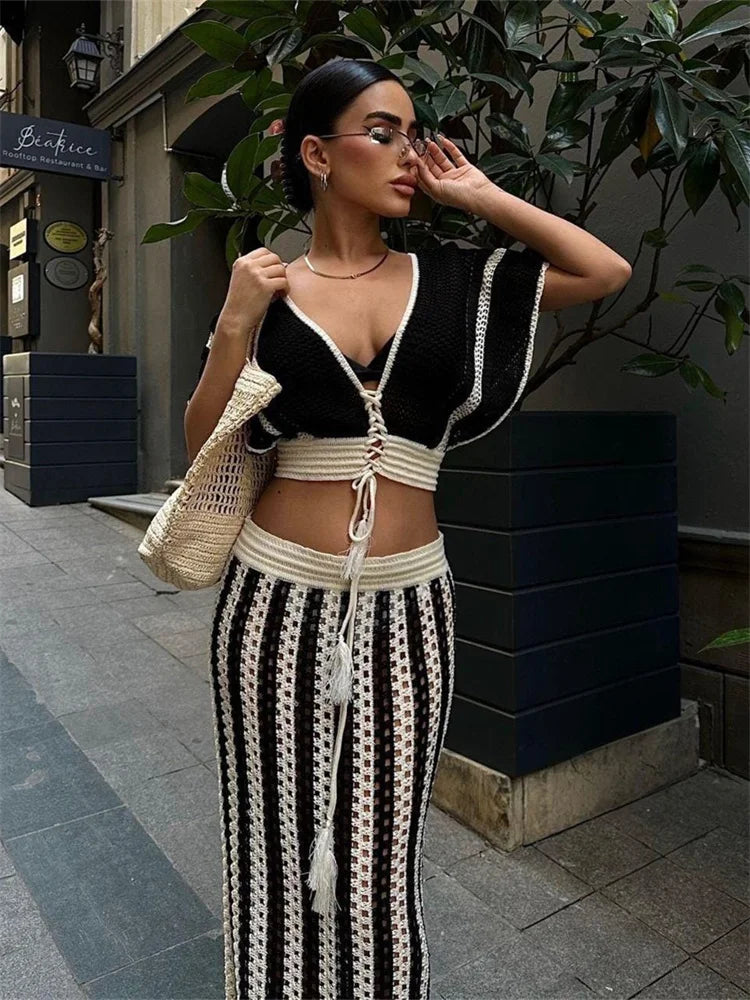 Wmstar Women Two Piece Set Sexy Elegant Knitted Crochet Beach Stripe Crop Tops Long Skirts Matching Set Holiday Birthday Outfits