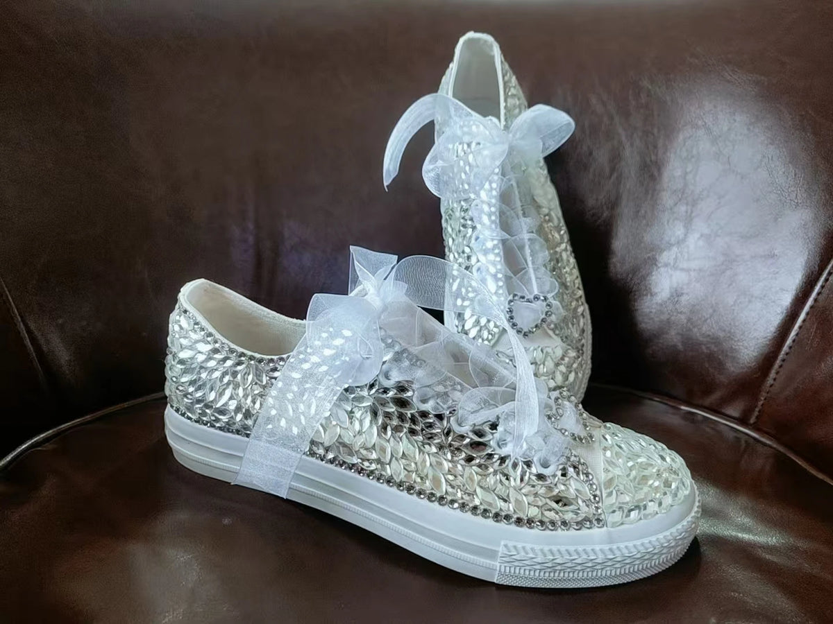 Sparkling Crystal Lace-Up Low Top Canvas Shoes for Women