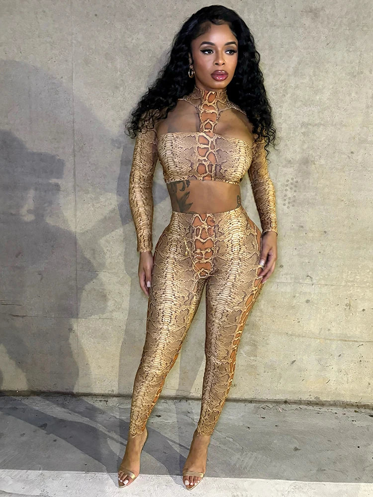 Snake Print Backless Crop Top and Leggings Two-Piece Set for Women