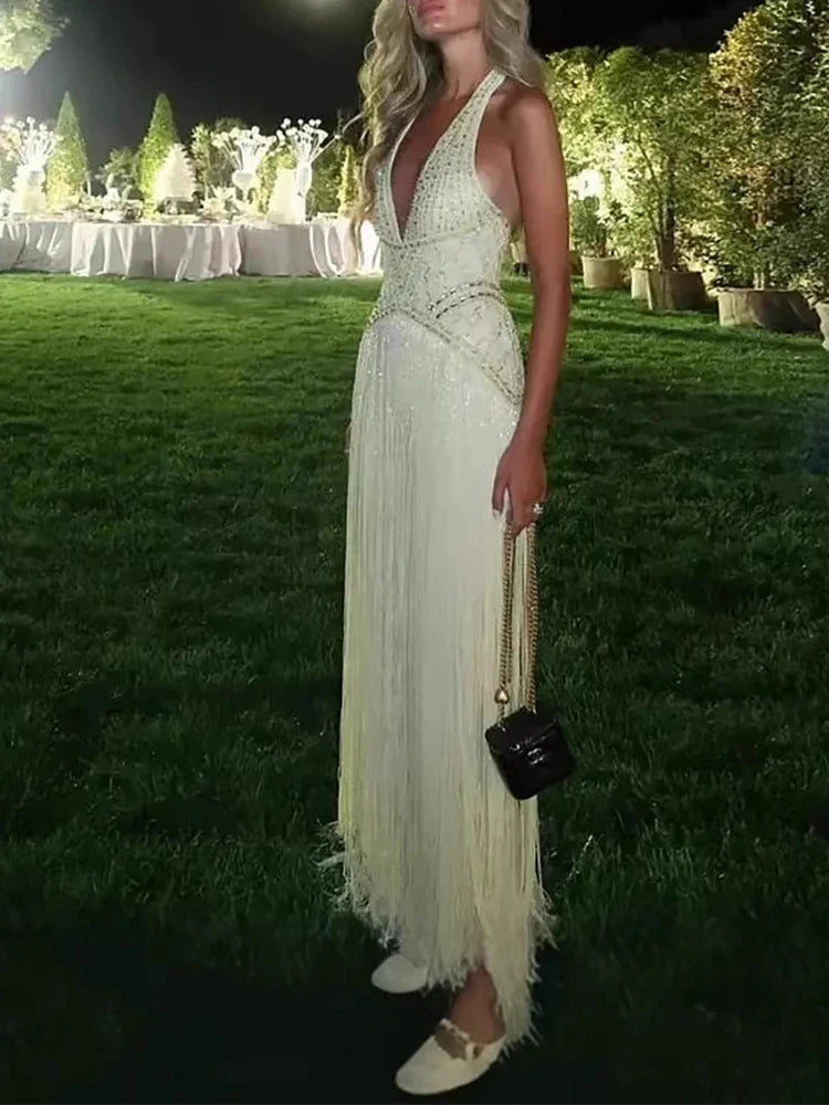 Women Sexy Backless Hollow Sequin Gowns 2026 Elegant Halter Sleeveless Long Dress Fashion Tassel Splicing Waist Slim Party Dress