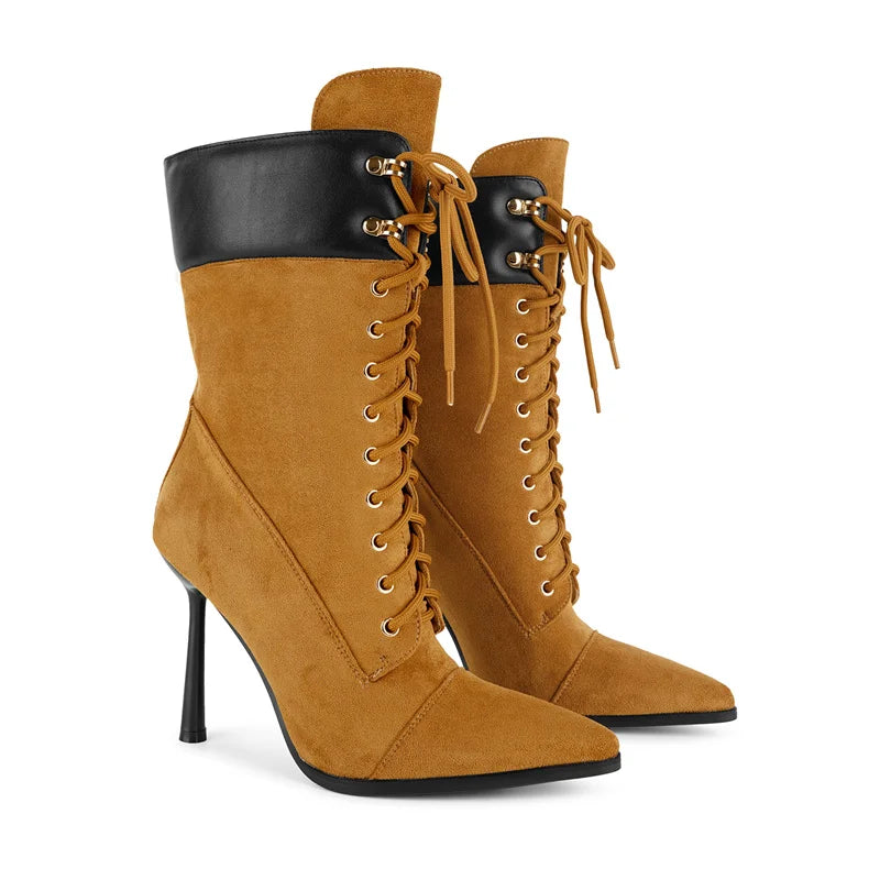 Pointed Toe Lace Up Stiletto Mid Calf Boots for Women