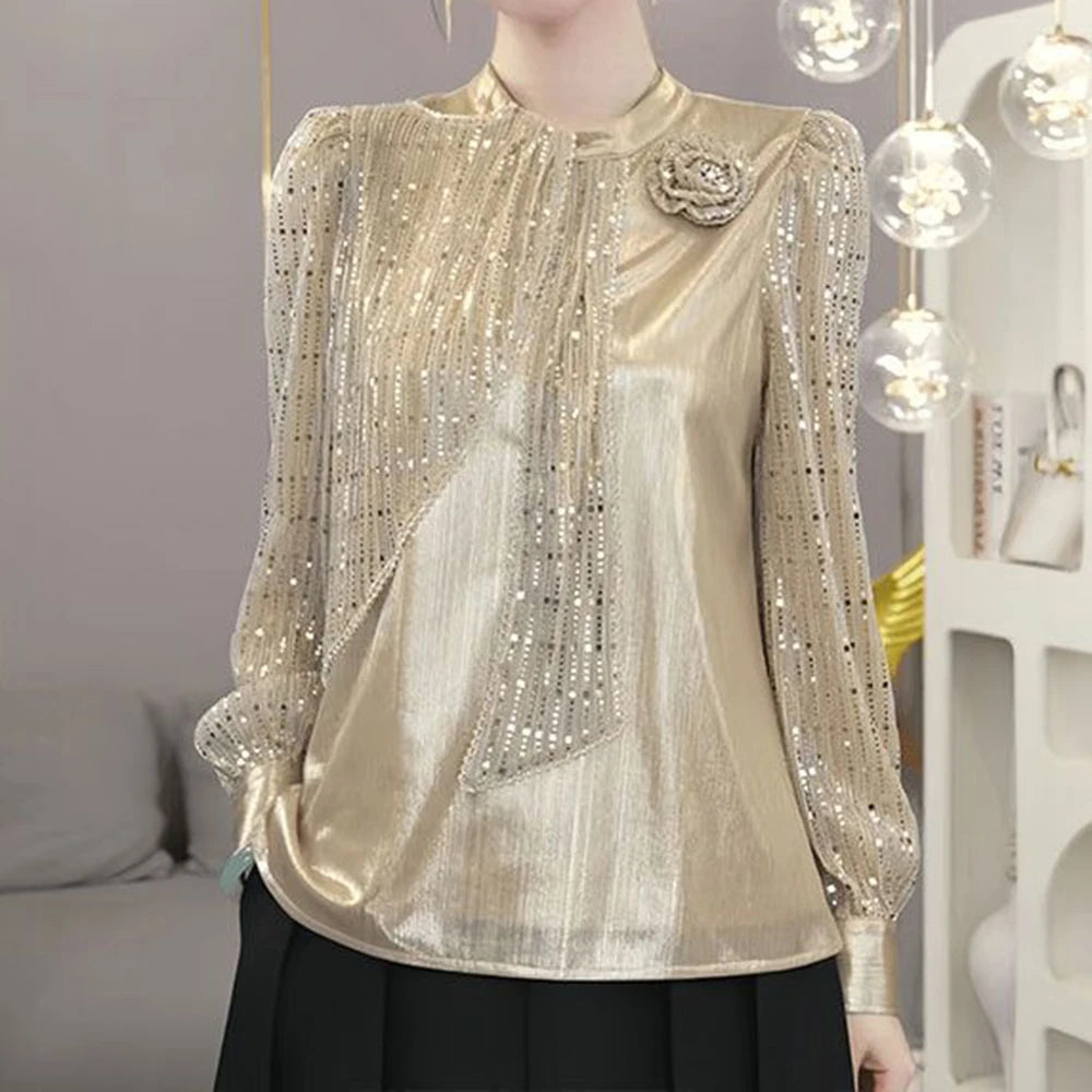 Chiffon Loose Small Stand Up Collar Bow Blouse for Women