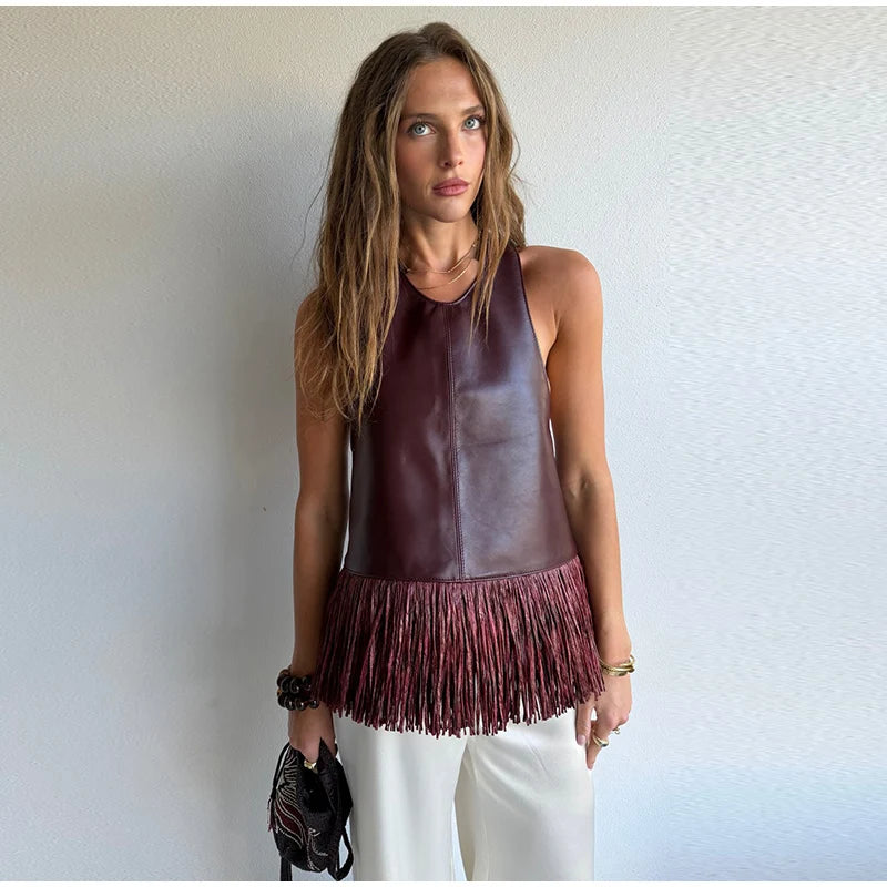 Faux Leather Patchwork Fringe Halter Top for Women