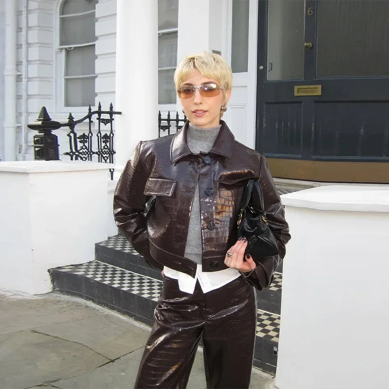 PU Leather Turn-Down Collar Jacket and Pants Set for Women