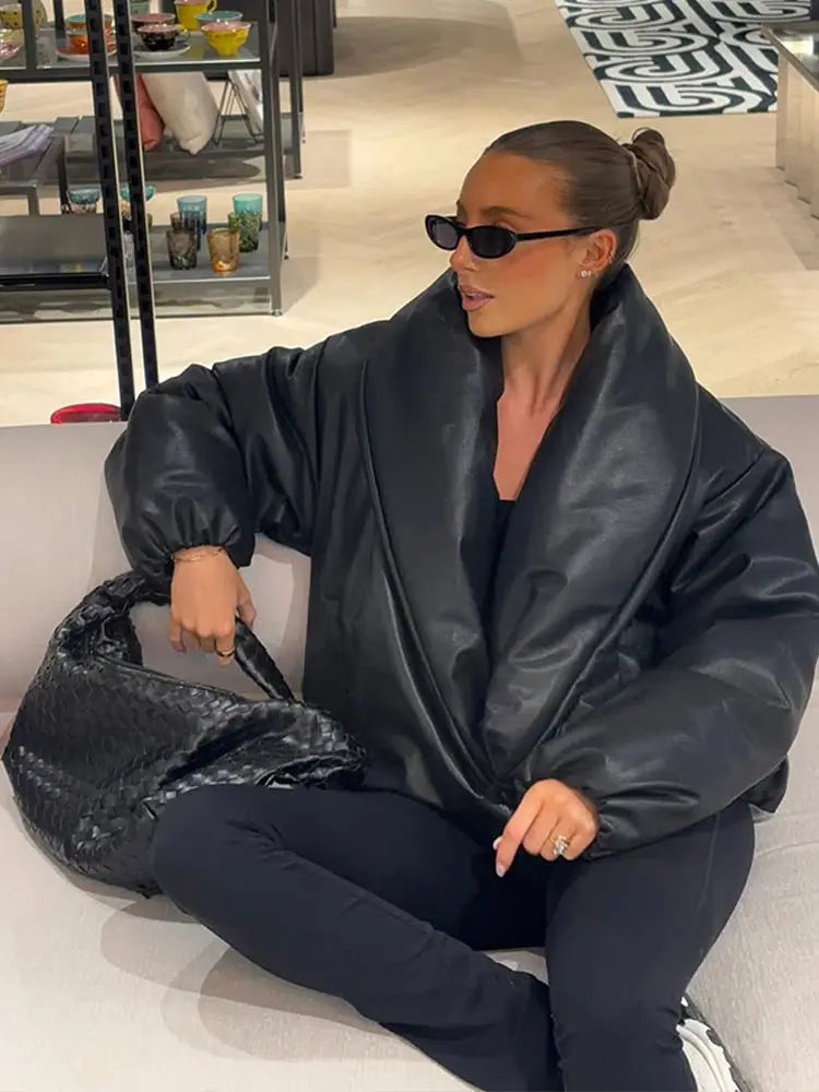 PU Leather Women's Cotton Coat Vintage Laple Full Sleeve Thicken Pockets Female Parka Jackets 2025 Autumn Winter Lady Streetwear