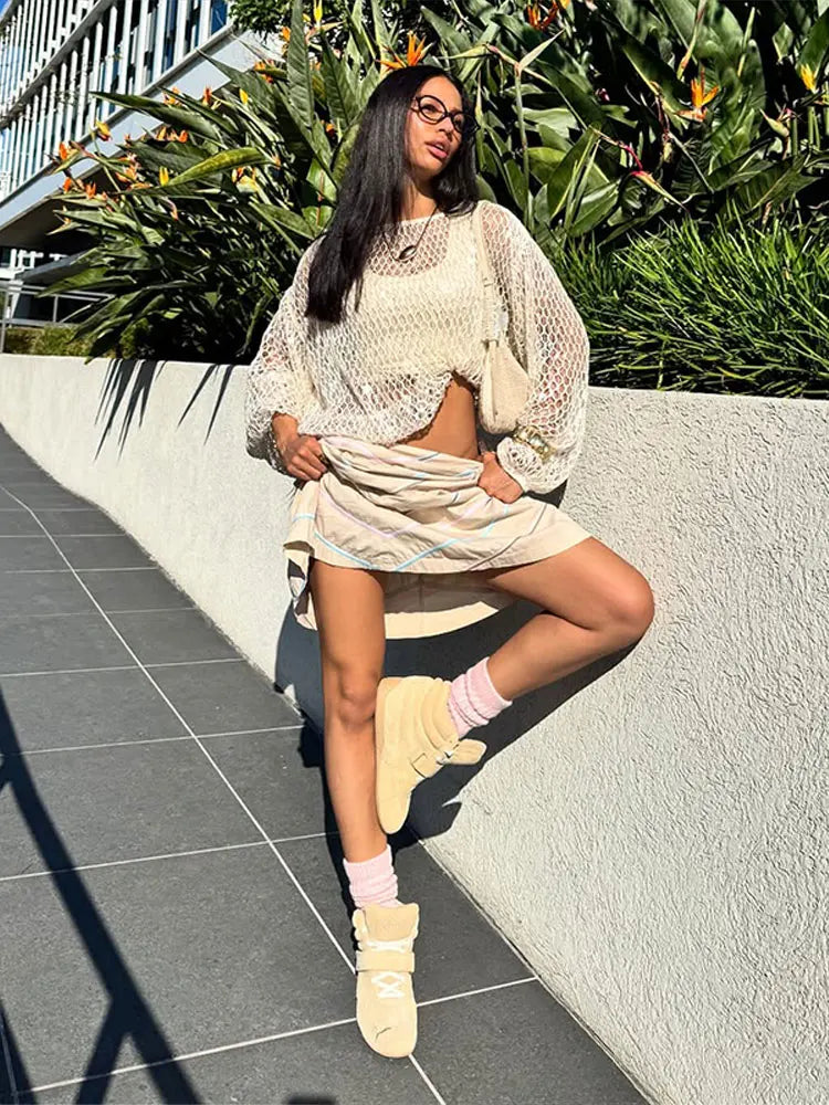 White Hollow Crochet Off Shoulder Long Sleeve Top For Women