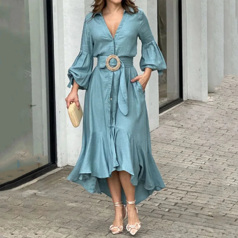 Casual Summer Dress With Turn Down Collar And Pockets for Women