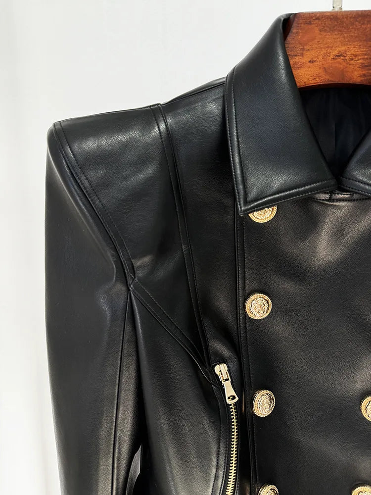 Double Breasted Faux Leather Motorcycle Jacket for Women