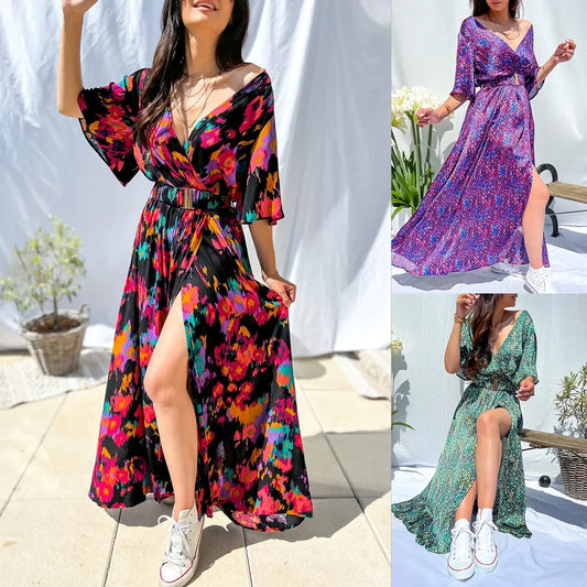 2023 Summer Elegant V-Neck Belt-Printed Long Dress From Amazon's Independent Store Wish Asia Exquisite Craftsmanship Slim Fit
