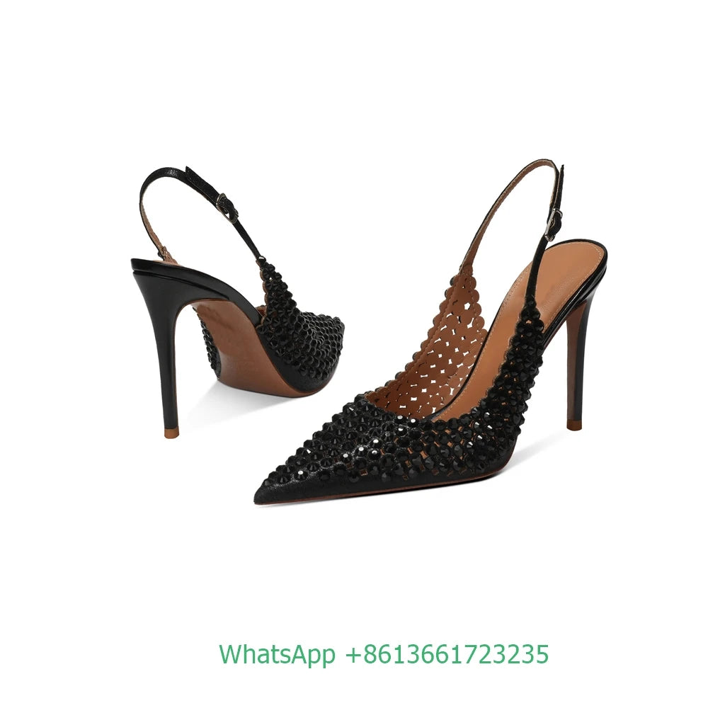 Rhinestone Pointed Toe Slingback Stiletto Sandals For Women