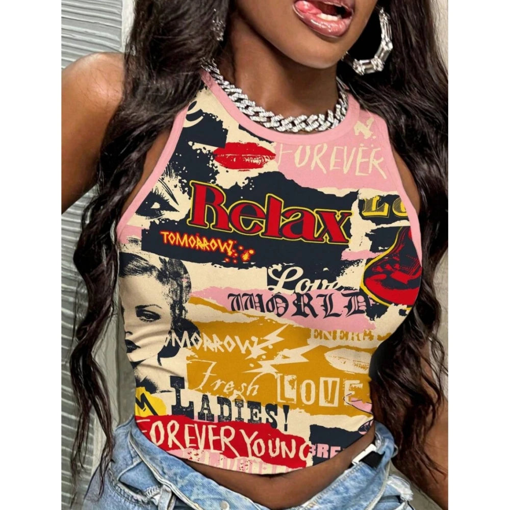 Trendy Letter Print O Neck Sleeveless Two Piece Set for Women