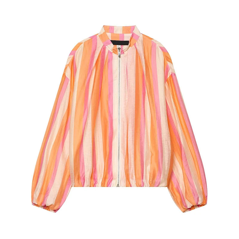 Elegant Striped with Stand Collar Jacket for Women