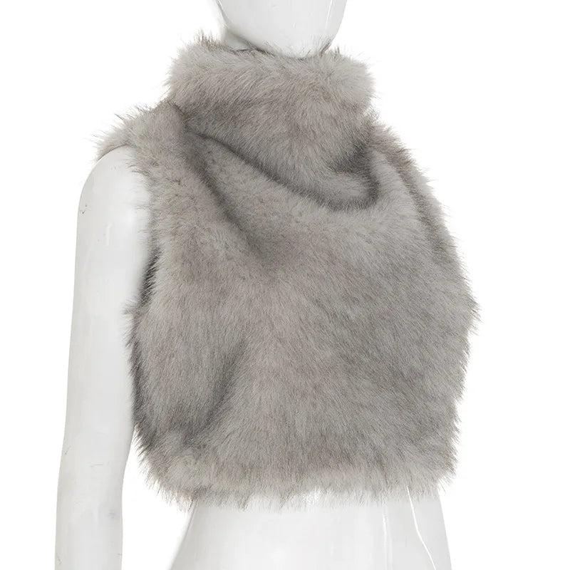 Autumn Fur Patchwork Backless Zipper Crop Top for Women