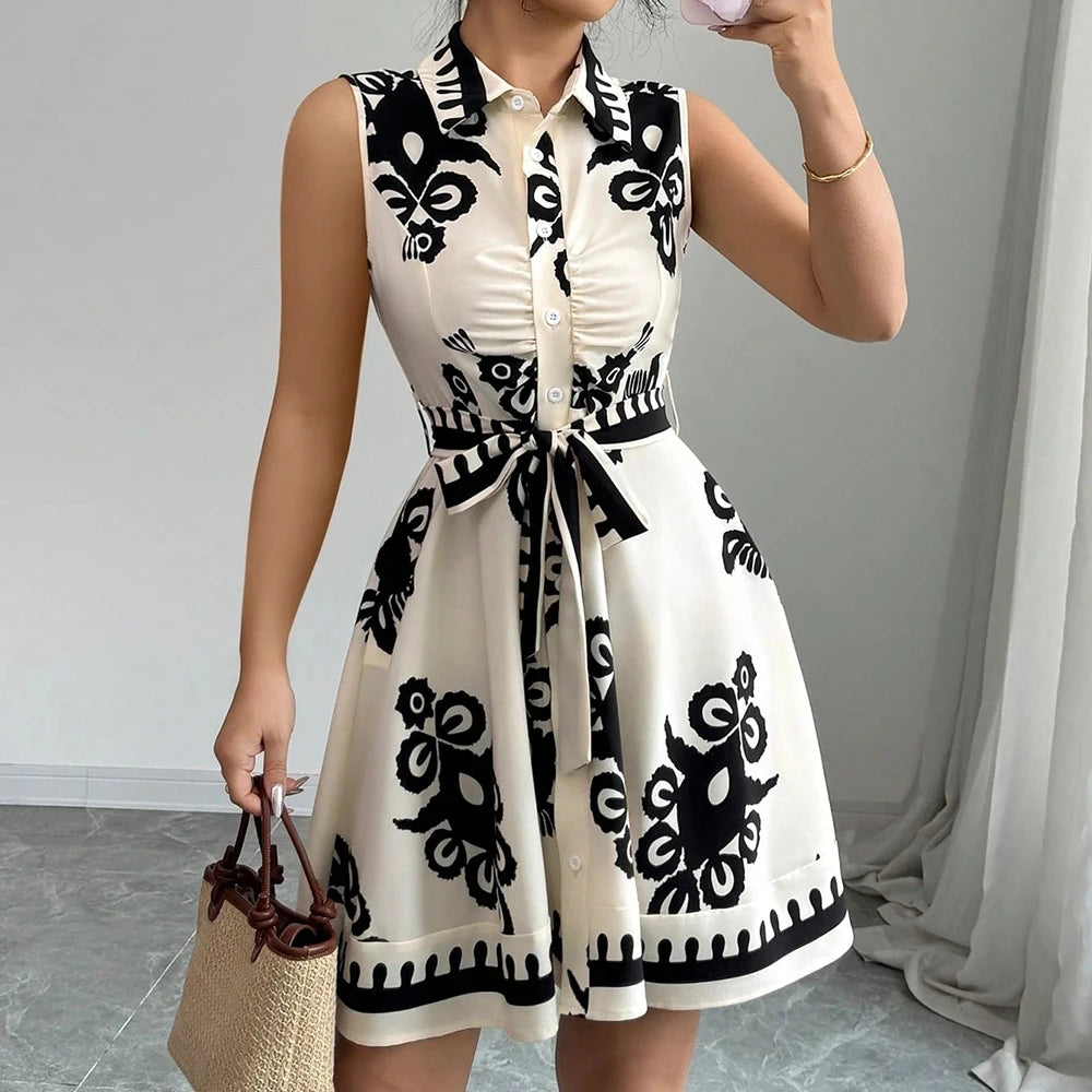 Plus Size Womens Printed Sleeveless Buttons A-Line Shirts Dress Summer Ladies Turn Down Collar Casual Holiday Sundress SizeS-2XL