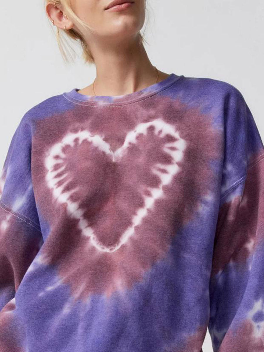 Women's Spring and Autumn Loose Heart Tie Dye Round Neck Sweatshirt Long Sleeve Heart Tie Dye Printed Round Neck Sweatshirt