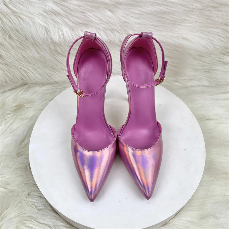 Sexy Lady 12cm High Heel Sandals Pointed Toe Purple Pink Bright Buckle Sandals for Women plus Size 45