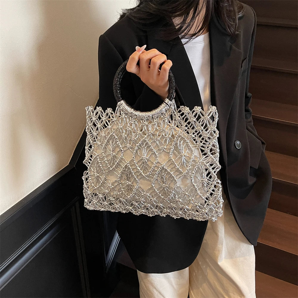 Eco Friendly Woven Round Handle Hollow Out Craft Paper Handbag for Women
