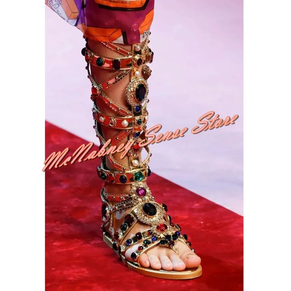 Fashionable Gold Rhinestone Open Toe Sandals For Women