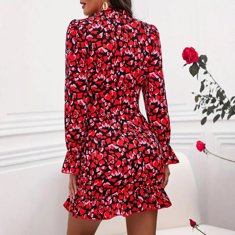 Women's Heart Print Ruched Mini Dress Red Black Long Sleeve Mock Neck Ruffle Hem Bodycon Elegant Party Club Sexy Dress