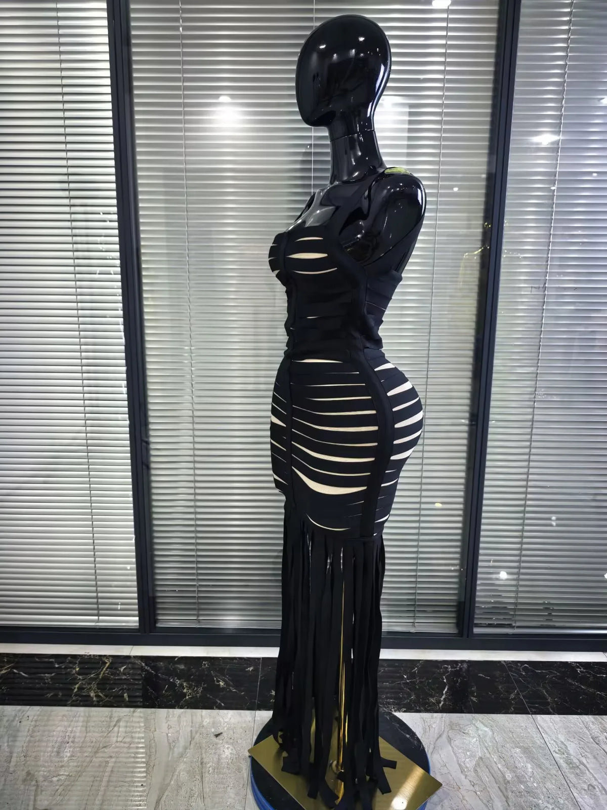 Black Color Women Sleeveless Sexy Square Collar Bodycon Fringes Bandage Long Dress Elegant Evening Party Celebrate Outfit