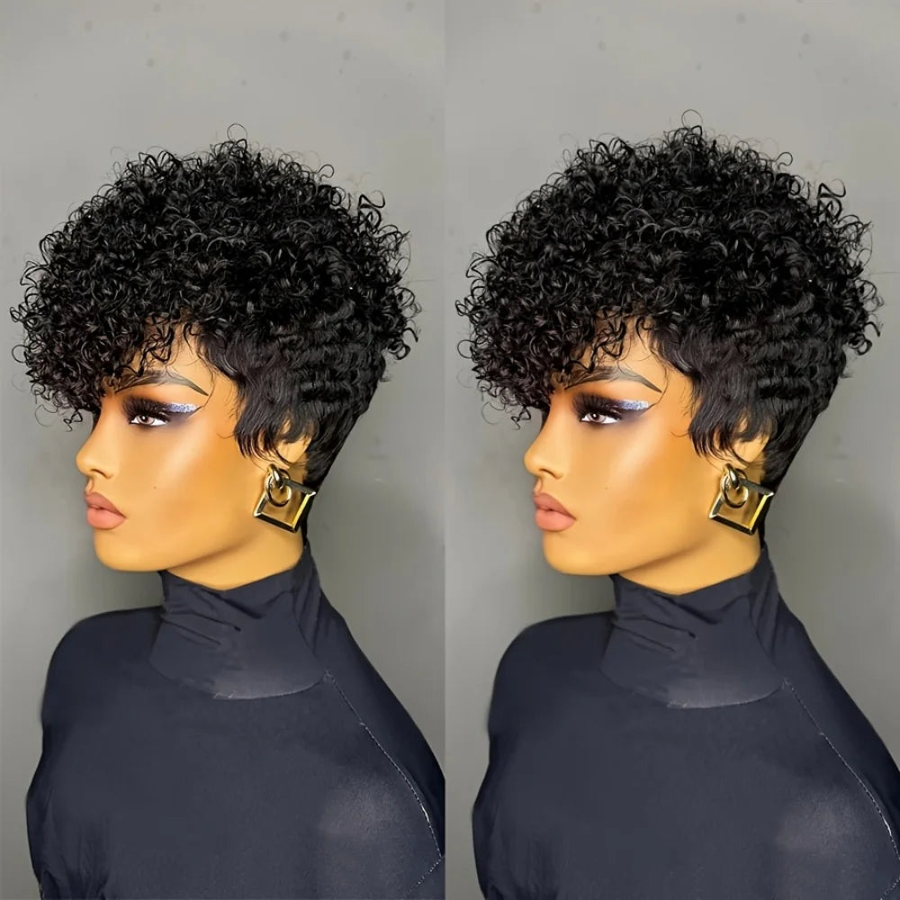 Short Natural Black Human Hair Pixie Cut Wig for Curly Wigs Urban Edge Wave Full Machine Made For Women