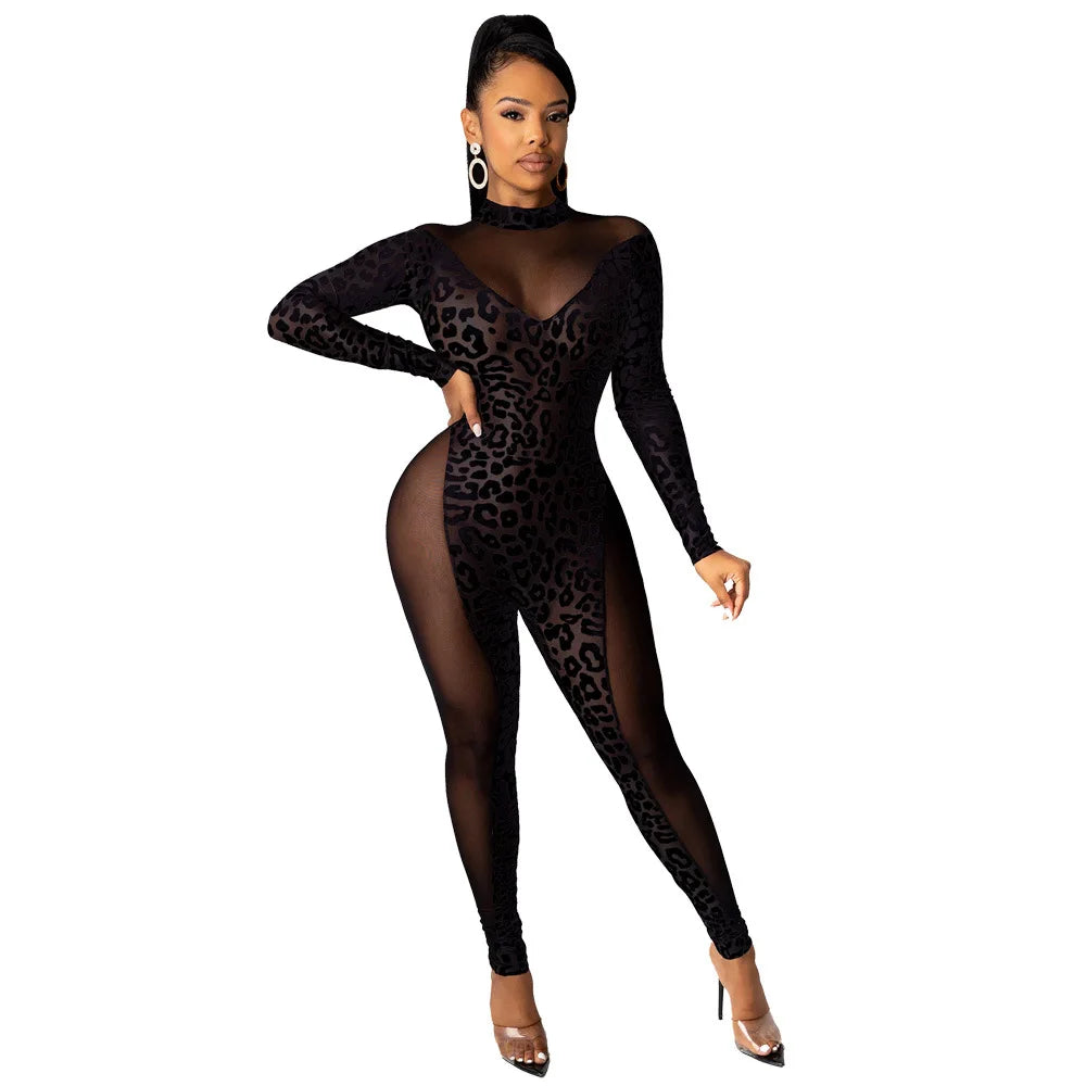 Sheer Leopard Mesh Jumpsuit With Long Sleeves for Women