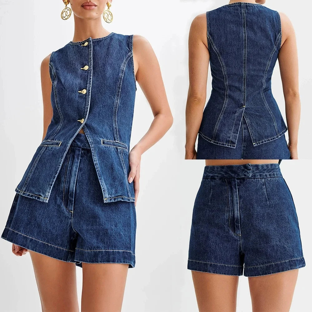 Sleeveless Buttoned Back Slit Top and Denim Shorts Set Two Pieces Summer Slim Fit Outfits