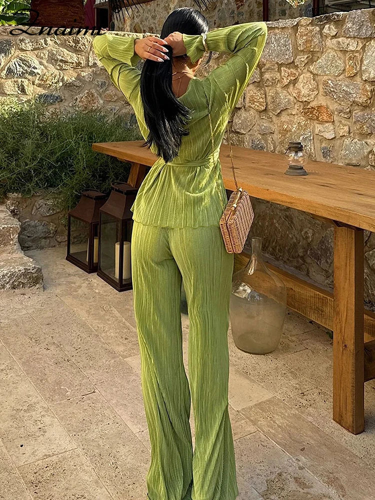 Znaiml Elegant Pleated Two 2 Piece Sets Women Full Sleeve V-neck Belt Tops and Wide Leg Pants Office Lady Outfits Vacation Suits