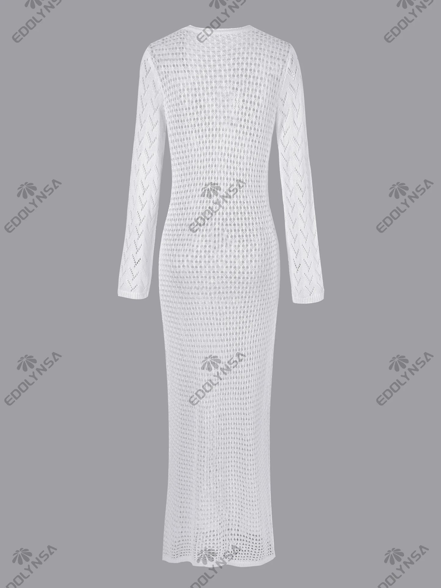 Women Sexy White Knit Swimsuit Cover Up Deep V-neck Tie Hollow Out Long Sleeve Beach Maxi Dress 2025 Summer Holiday Outfit K186