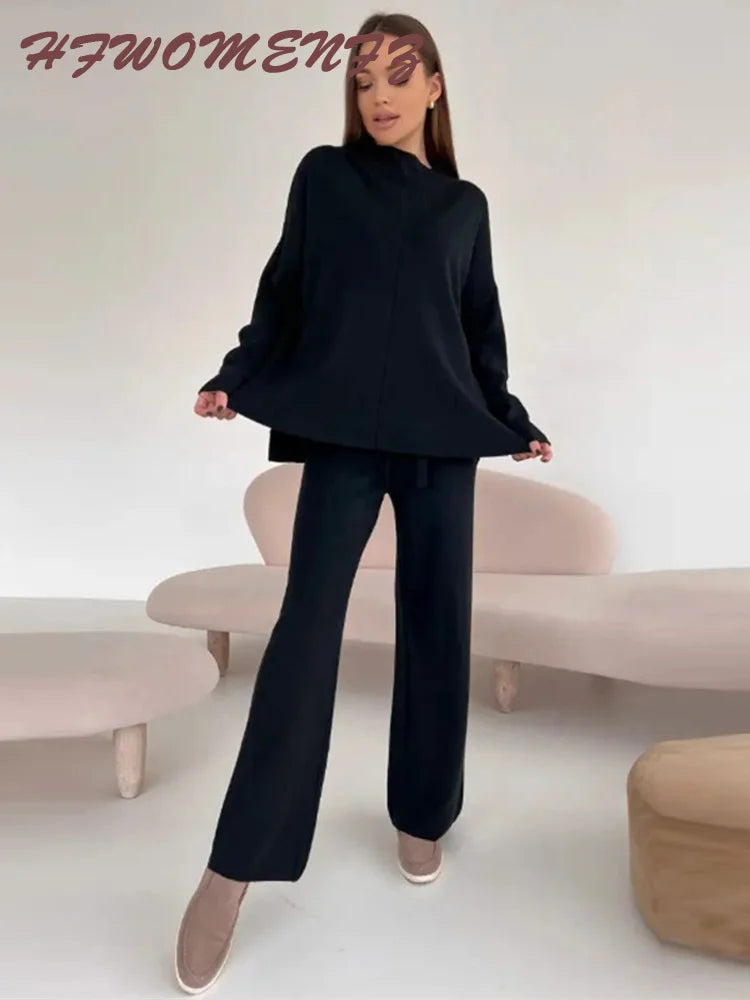 Solid Turtleneck Sweatshirt Set With Wide Leg Pants for Women